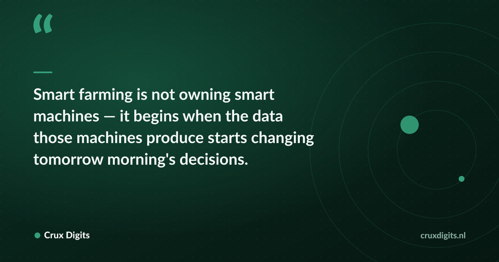 Pull quote: Smart farming is not owning smart machines — it begins when the data those machines produce starts changing tomorrow morning's decisions. — Crux Digits