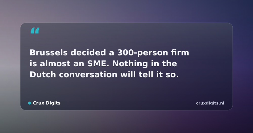 Pull quote from Crux Digits: Brussels decided a 300-person firm is almost an SME. Nothing in the Dutch conversation will tell it so.