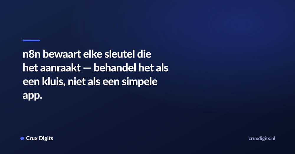 Pull quote: n8n bewaart elke sleutel die het aanraakt — behandel het als een kluis, niet als een simpele app. — Crux Digits