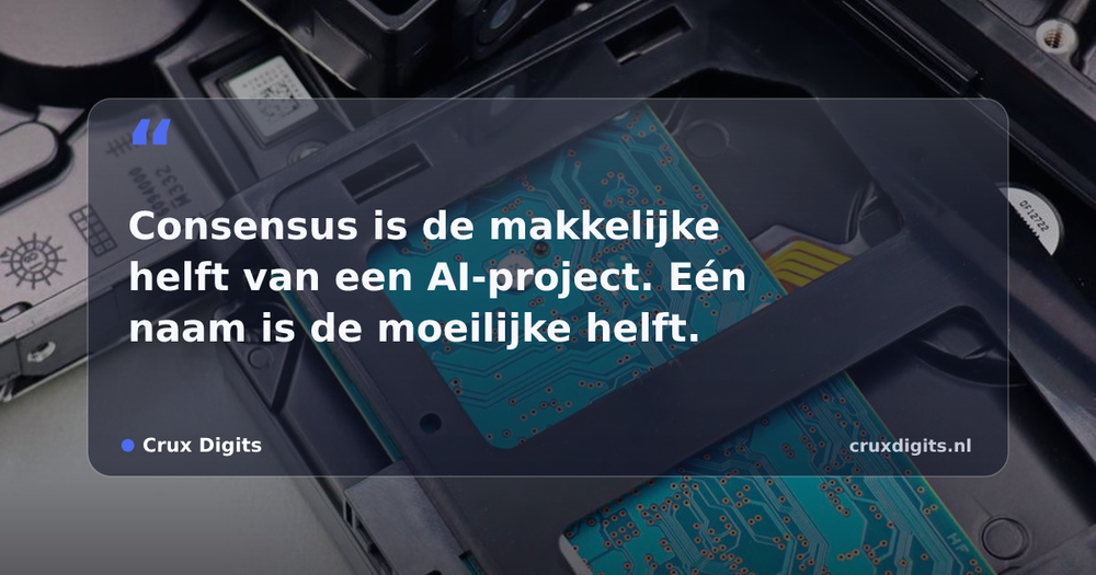 Pull quote from Crux Digits: Consensus is de makkelijke helft van een AI-project. Eén naam is de moeilijke helft.
