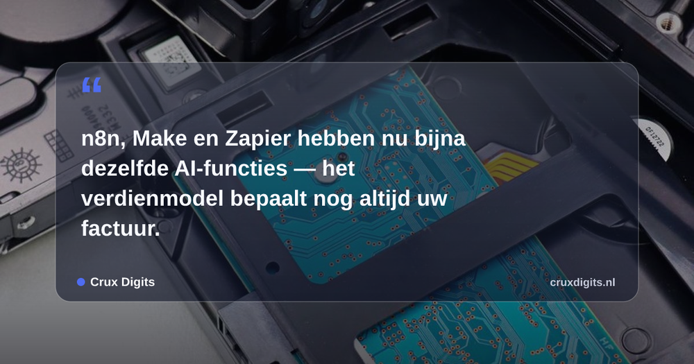 Pull quote: n8n, Make en Zapier hebben nu bijna dezelfde AI-functies — het verdienmodel bepaalt nog altijd uw factuur. — Crux Digits