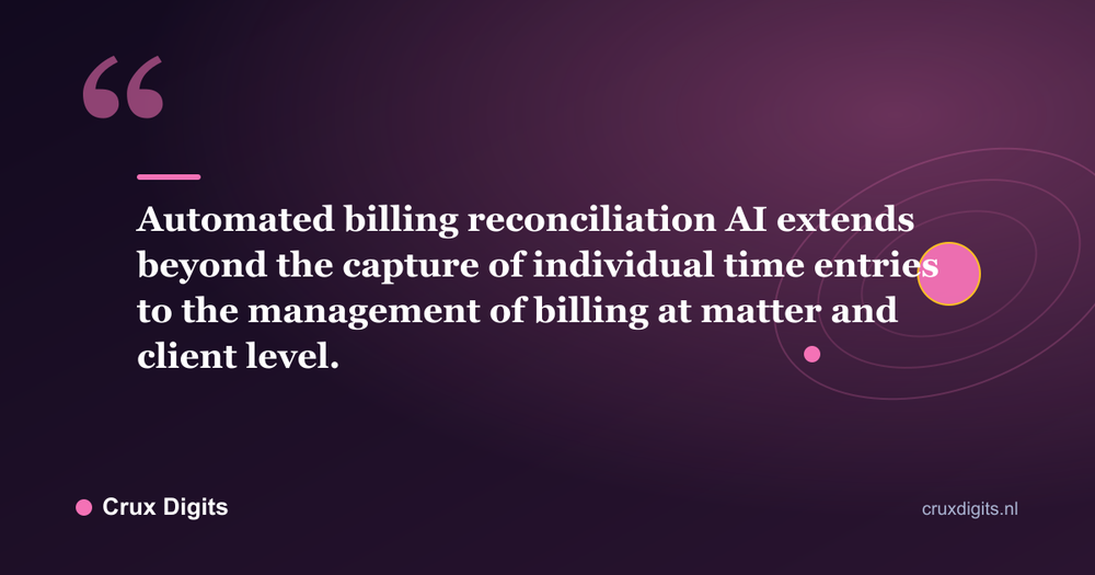 Pull quote: Automated billing reconciliation AI extends beyond the capture of individual time entries to the management of billing at matter and client level. - Crux Digits