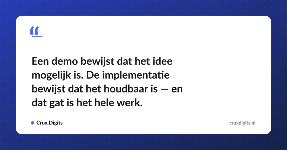 Pull quote: Een demo bewijst dat het idee mogelijk is. De implementatie bewijst dat het houdbaar is — en dat gat is het hele werk. — Crux Digits