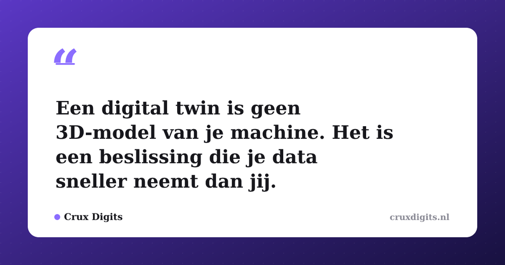 Pull quote from Crux Digits: Een digital twin is geen 3D-model van je machine. Het is een beslissing die je data sneller neemt dan jij.