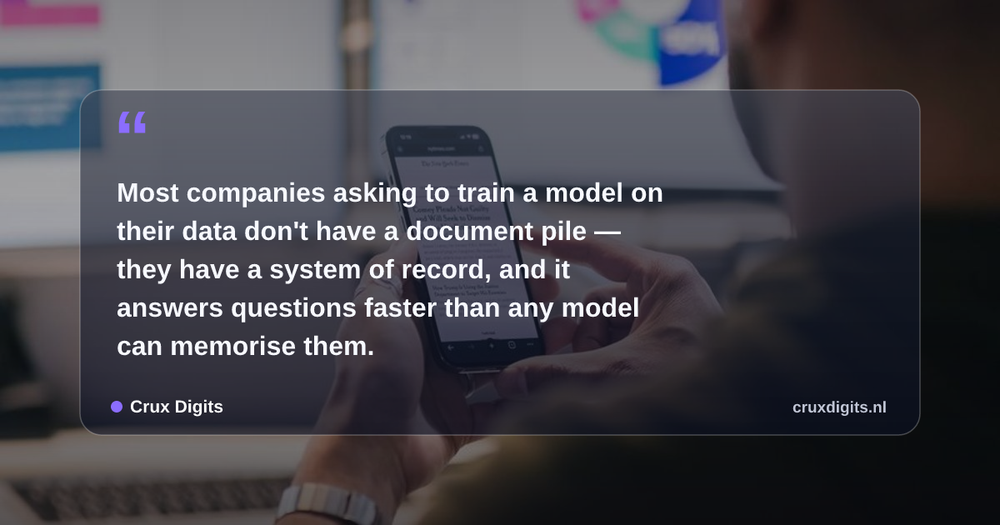 Pull quote: Most companies asking to train a model on their data don't have a document pile — they have a system of record, and it answers questions faster than a — Crux Digits