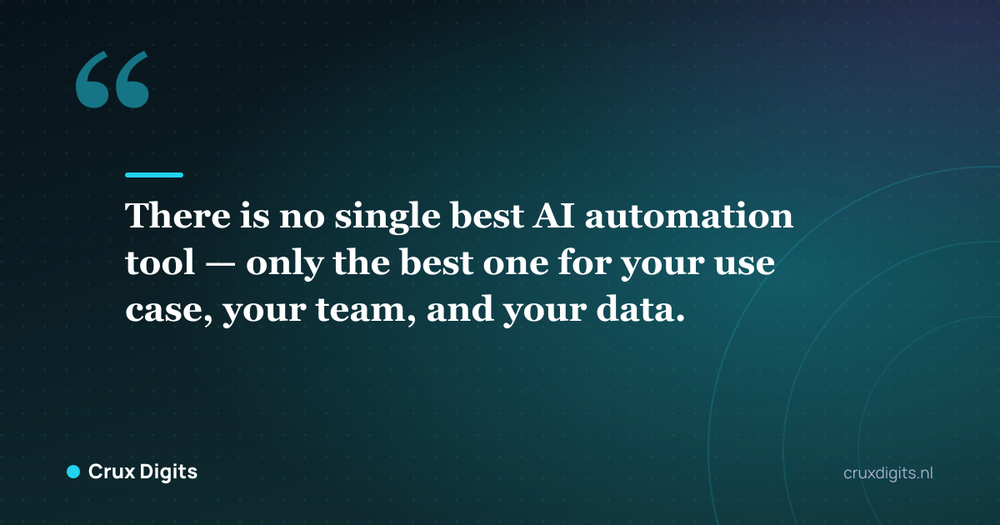 Pull quote: There is no single best AI automation tool — only the best one for your use case, your team, and your data. - Crux Digits