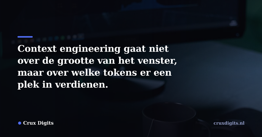 Pull quote from Crux Digits: Context engineering gaat niet over de grootte van het venster, maar over welke tokens er een plek in verdienen.