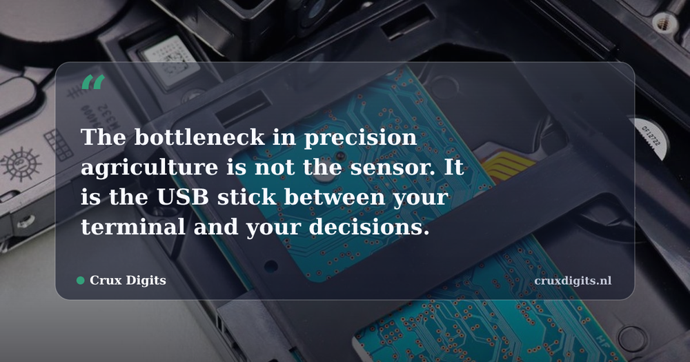 Pull quote from Crux Digits: The bottleneck in precision agriculture is not the sensor. It is the USB stick between your terminal and your decisions.