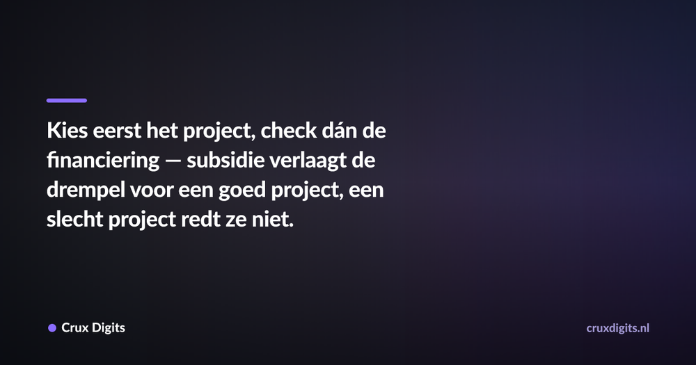 Pull quote: Kies eerst het project, check dán de financiering — subsidie verlaagt de drempel voor een goed project, een slecht project redt ze niet. — Crux Digits