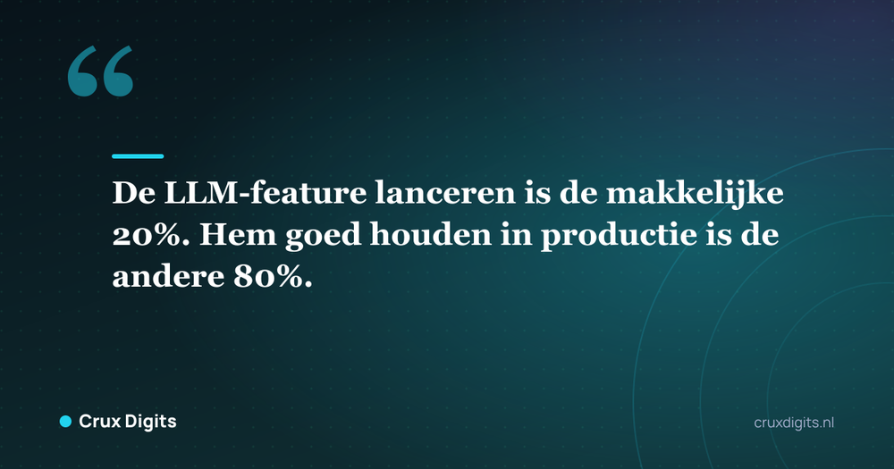 Citaat: De LLM-feature lanceren is de makkelijke 20%. Hem goed houden in productie is de andere 80%. - Crux Digits