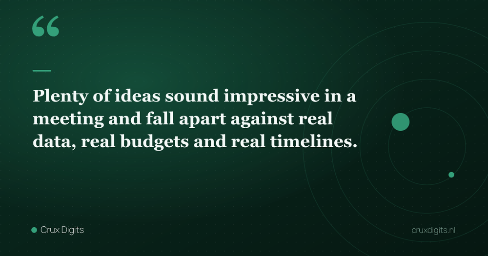 Pull quote: Plenty of ideas sound impressive in a meeting and fall apart against real data, real budgets and real timelines. — Crux Digits