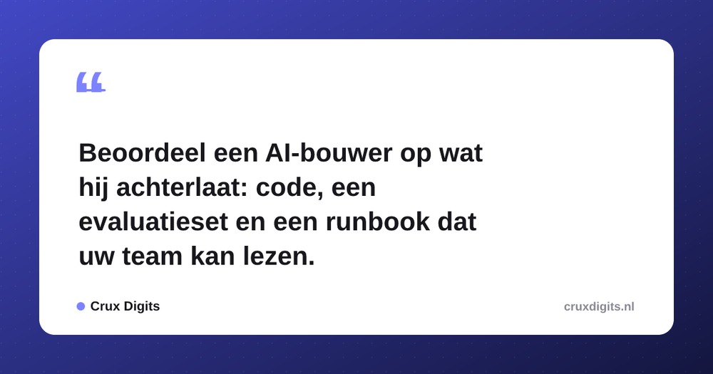 Pull quote from Crux Digits: Beoordeel een AI-bouwer op wat hij achterlaat: code, een evaluatieset en een runbook dat uw team kan lezen.