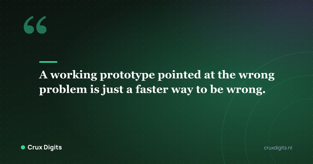 Pull quote: A working prototype pointed at the wrong problem is just a faster way to be wrong. - Crux Digits