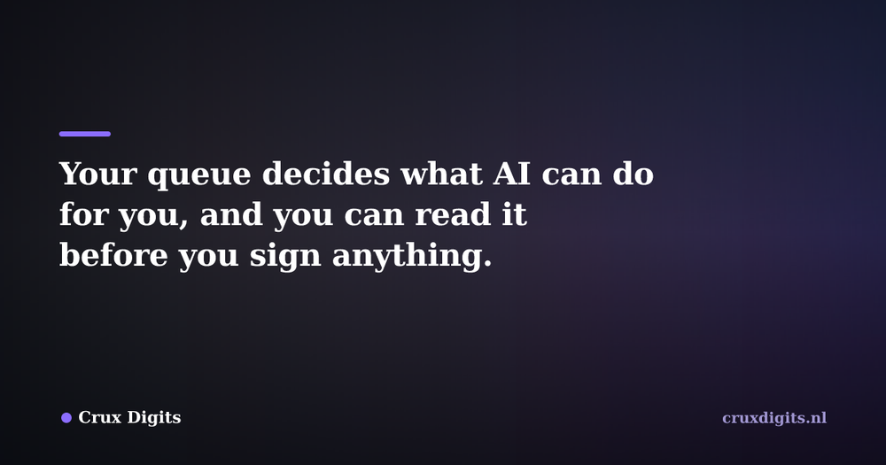 Pull quote from Crux Digits: Your queue decides what AI can do for you, and you can read it before you sign anything.