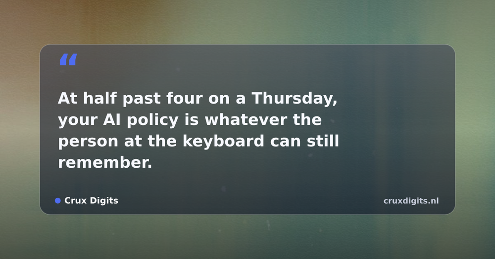 Pull quote from Crux Digits: At half past four on a Thursday, your AI policy is whatever the person at the keyboard can still remember.