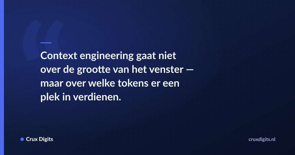 Pull quote: Context engineering gaat niet over de grootte van het venster — maar over welke tokens er een plek in verdienen. — Crux Digits