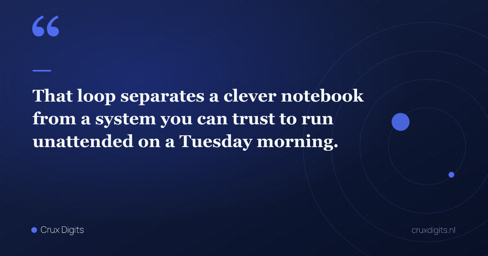 Pull quote: That loop separates a clever notebook from a system you can trust to run unattended on a Tuesday morning. — Crux Digits