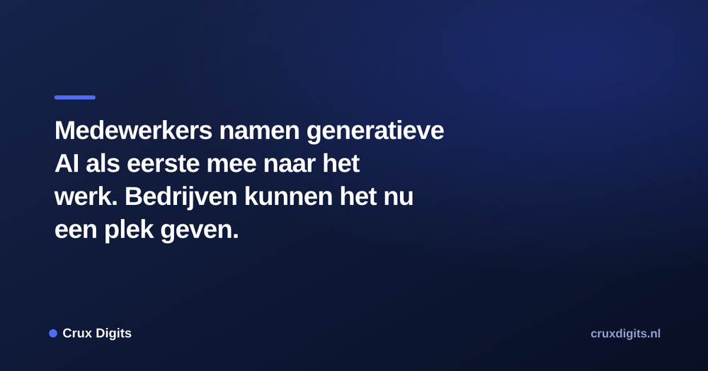 Pull quote from Crux Digits: Medewerkers namen generatieve AI als eerste mee naar het werk. Bedrijven kunnen het nu een plek geven.