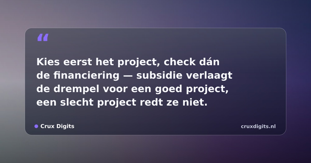 Pull quote from Crux Digits: Kies eerst het project, check dán de financiering — subsidie verlaagt de drempel voor een goed project, een slecht project redt ze niet.