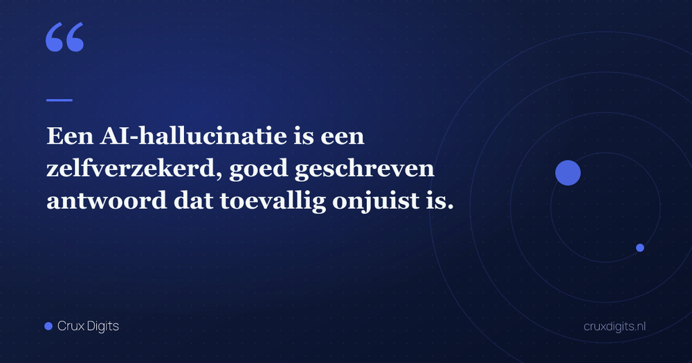 Pull quote: Een AI-hallucinatie is een zelfverzekerd, goed geschreven antwoord dat toevallig onjuist is. — Crux Digits
