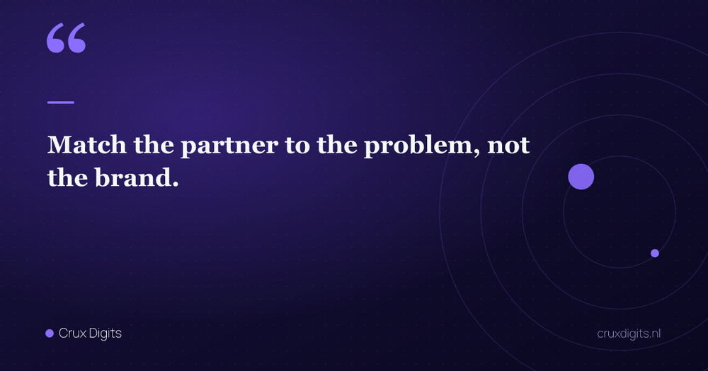 Pull quote: Match the partner to the problem, not the brand. — Crux Digits