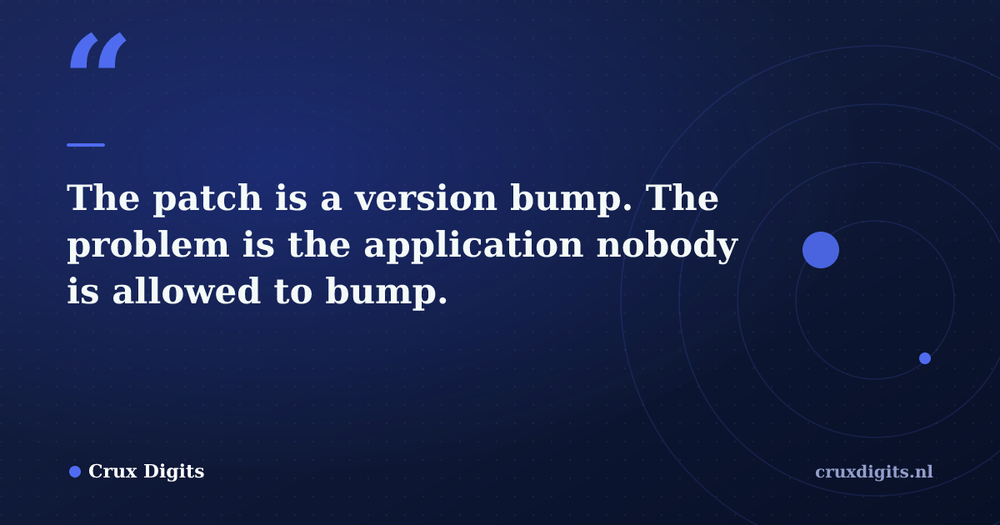 Pull quote from Crux Digits: The patch is a version bump. The problem is the application nobody is allowed to bump.