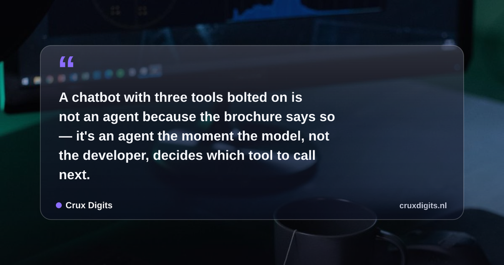 Pull quote: A chatbot with three tools bolted on is not an agent because the brochure says so — it's an agent the moment the model, not the developer, decides whi — Crux Digits