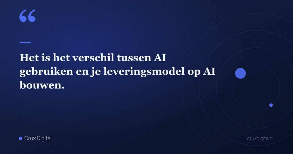 Pull quote: Het is het verschil tussen AI gebruiken en je leveringsmodel op AI bouwen. — Crux Digits