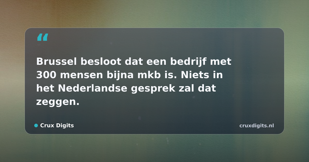 Pull quote from Crux Digits: Brussel besloot dat een bedrijf met 300 mensen bijna mkb is. Niets in het Nederlandse gesprek zal dat zeggen.