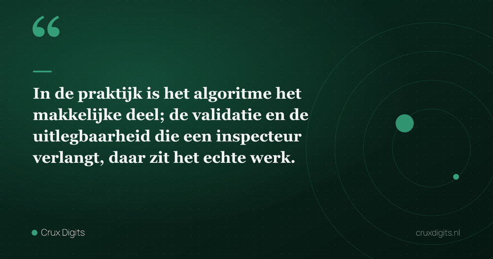 Pull quote: In de praktijk is het algoritme het makkelijke deel; de validatie en de uitlegbaarheid die een inspecteur verlangt, daar zit het echte werk. — Crux Digits