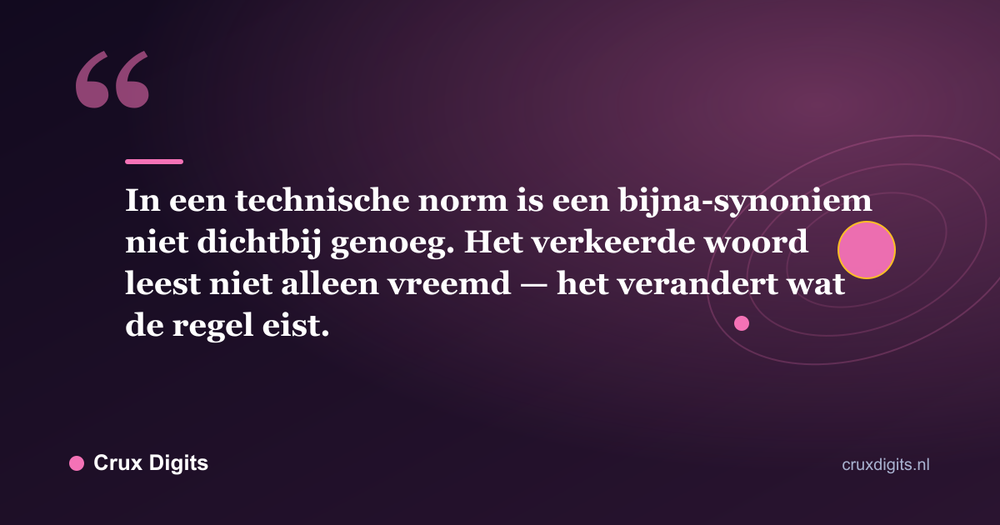Citaat: In een technische norm is een bijna-synoniem niet dichtbij genoeg. Het verkeerde woord leest niet alleen vreemd — het verandert wat de regel eist. - Crux Digits