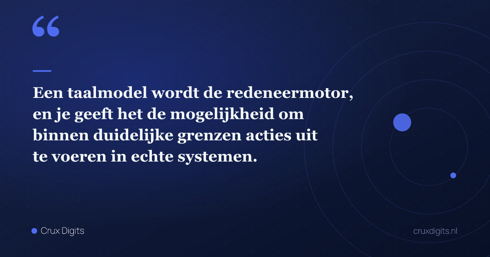 Pull quote: Een taalmodel wordt de redeneermotor, en je geeft het de mogelijkheid om binnen duidelijke grenzen acties uit te voeren in echte systemen. — Crux Digits