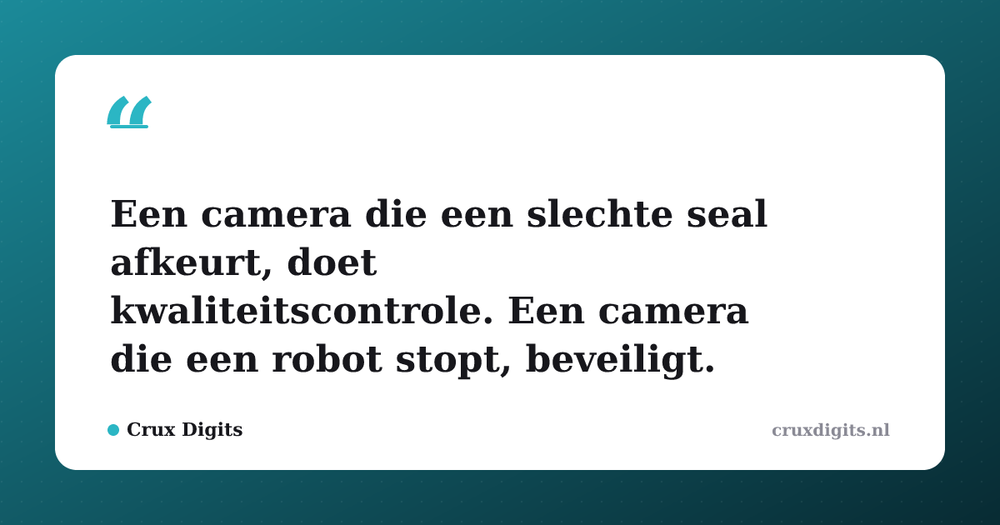 Pull quote from Crux Digits: Een camera die een slechte seal afkeurt, doet kwaliteitscontrole. Een camera die een robot stopt, beveiligt.