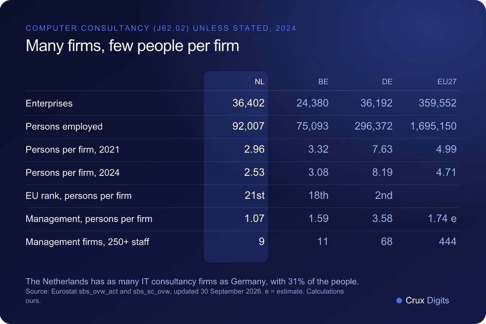 Comparison: number of computer consultancy firms, persons employed and persons per firm in the Netherlands, Belgium, Germany and the EU in 2021 and 2024, plus management consultancy firm size, Eurostat