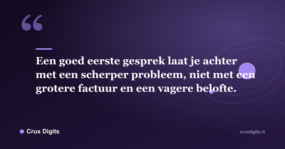 Citaat: Een goed eerste gesprek laat je achter met een scherper probleem, niet met een grotere factuur en een vagere belofte. - Crux Digits