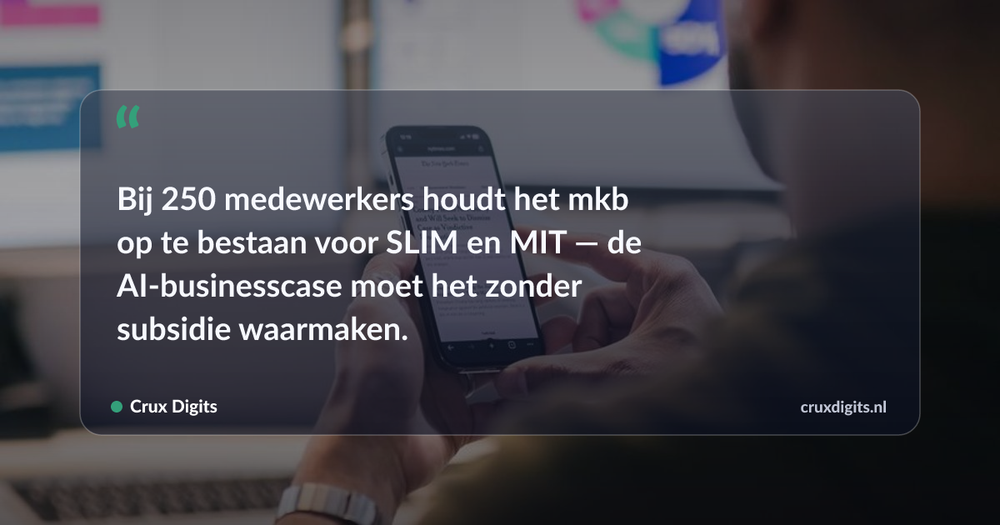 Pull quote: Bij 250 medewerkers houdt het mkb op te bestaan voor SLIM en MIT — de AI-businesscase moet het zonder subsidie waarmaken. — Crux Digits