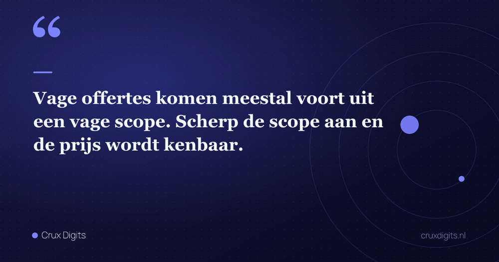 Pull quote: Vage offertes komen meestal voort uit een vage scope. Scherp de scope aan en de prijs wordt kenbaar. — Crux Digits