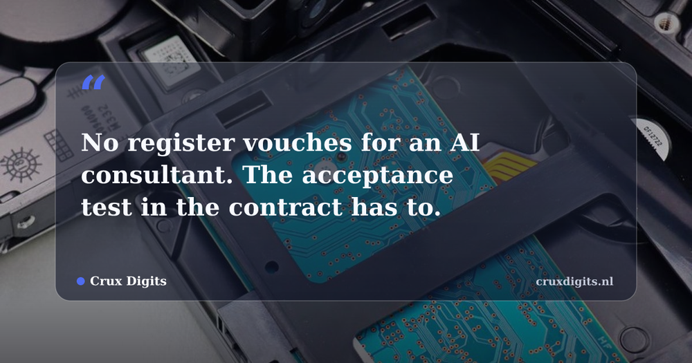 Pull quote from Crux Digits: No register vouches for an AI consultant. The acceptance test in the contract has to.