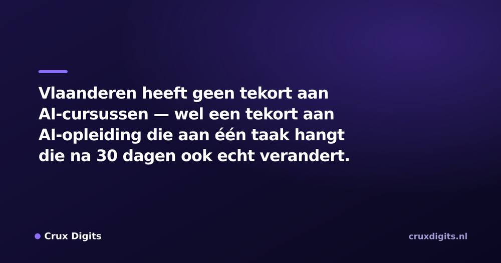 Pull quote from Crux Digits: Vlaanderen heeft geen tekort aan AI-cursussen — wel een tekort aan AI-opleiding die aan één taak hangt die na 30 dagen ook echt verandert.