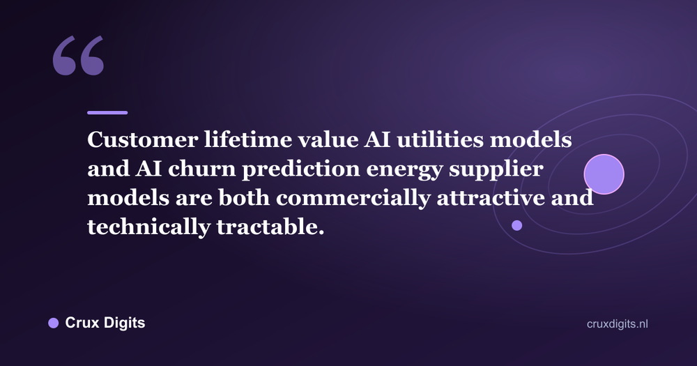 Pull quote: Customer lifetime value AI utilities models and AI churn prediction energy supplier models are both commercially attractive and technically tractable. - Crux Digits