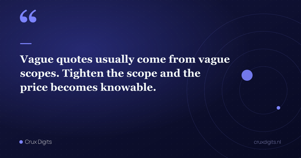 Pull quote: Vague quotes usually come from vague scopes. Tighten the scope and the price becomes knowable. — Crux Digits