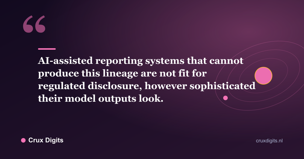 Pull quote: AI-assisted reporting systems that cannot produce this lineage are not fit for regulated disclosure, however sophisticated their model outputs look. - Crux Digits