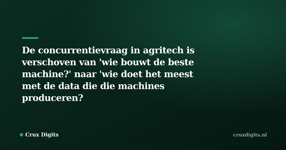 Pull quote from Crux Digits: De concurrentievraag in agritech is verschoven van 'wie bouwt de beste machine?' naar 'wie doet het meest met de data die die machines produceren?'