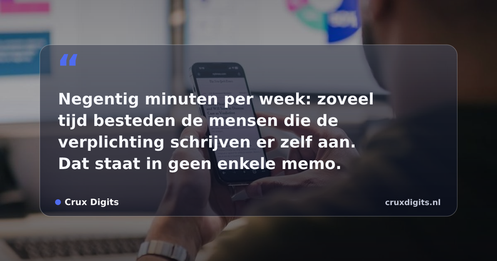 Pull quote from Crux Digits: Negentig minuten per week: zoveel tijd besteden de mensen die de verplichting schrijven er zelf aan. Dat staat in geen enkele memo.