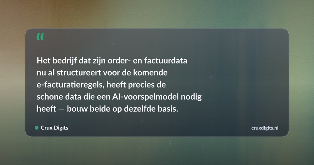 Pull quote: Het bedrijf dat zijn order- en factuurdata nu al structureert voor de komende e-facturatieregels, heeft precies de schone data die een AI-voorspelmode — Crux Digits