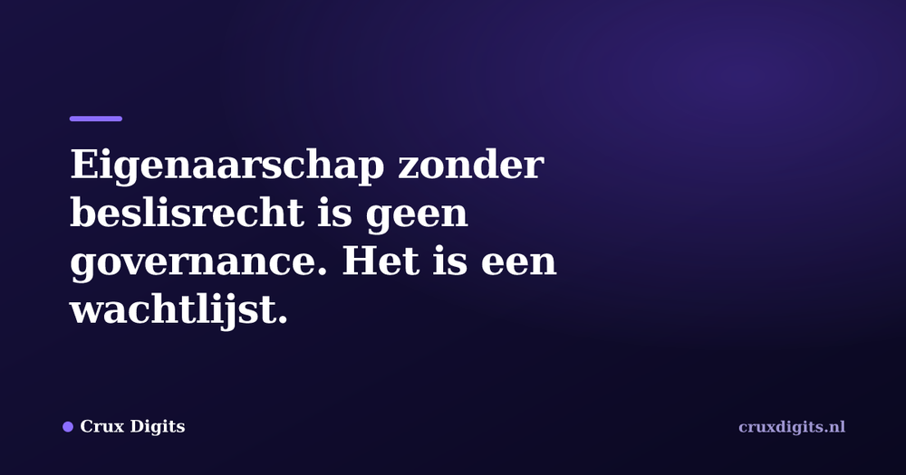 Pull quote from Crux Digits: Eigenaarschap zonder beslisrecht is geen governance. Het is een wachtlijst.