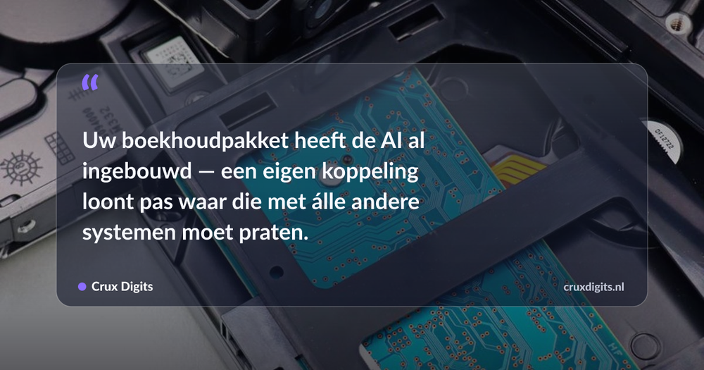 Pull quote: Uw boekhoudpakket heeft de AI al ingebouwd — een eigen koppeling loont pas waar die met álle andere systemen moet praten. — Crux Digits