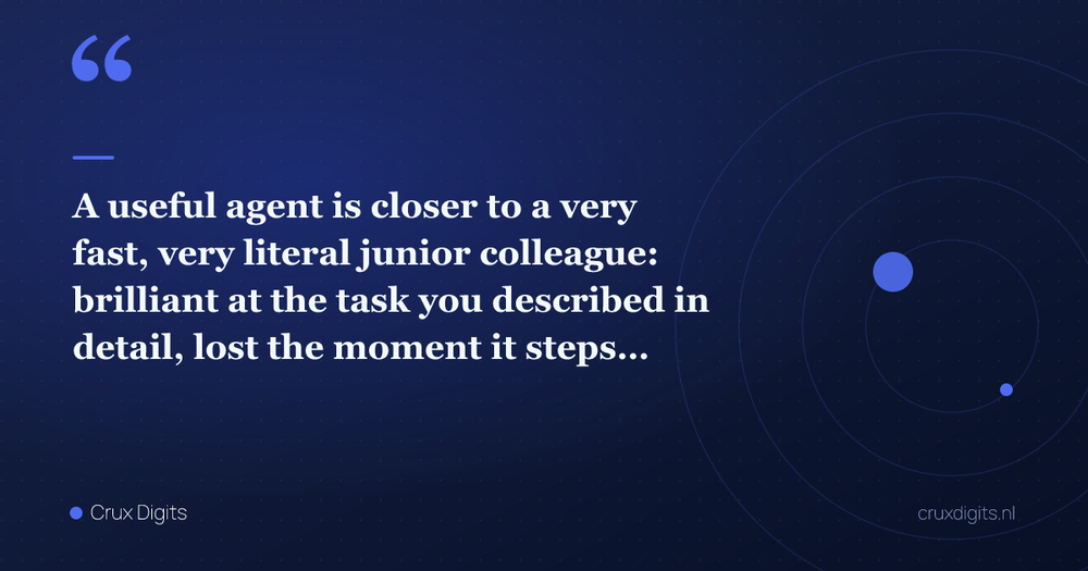 Pull quote: A useful agent is closer to a very fast, very literal junior colleague: brilliant at the task you described in detail, lost the moment it steps outsid — Crux Digits