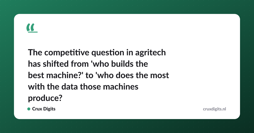 Pull quote: The competitive question in agritech has shifted from 'who builds the best machine?' to 'who does the most with the data those machines produce?' — Crux Digits
