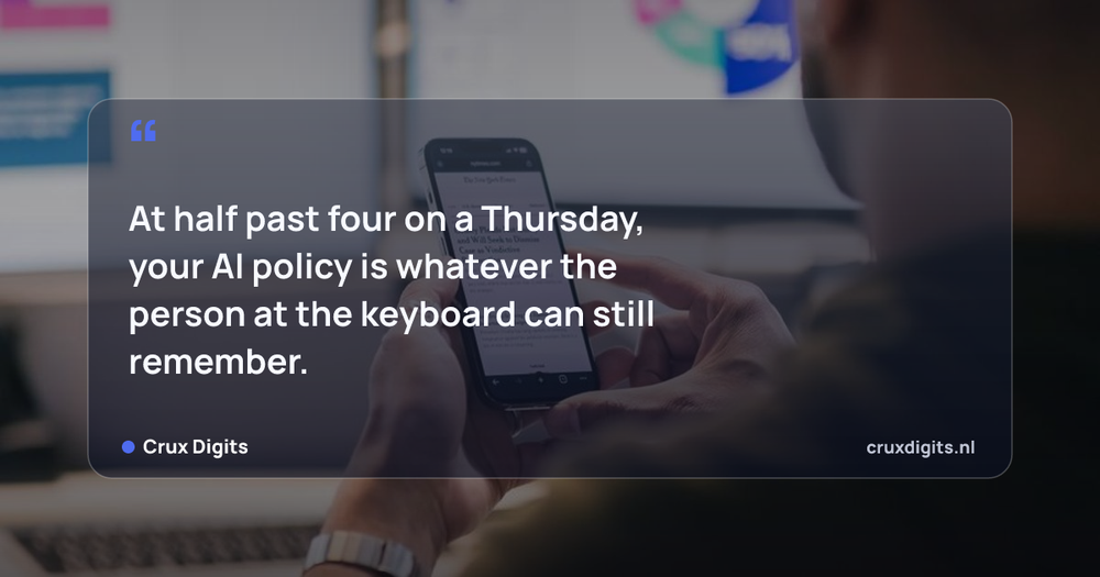 Pull quote from Crux Digits: At half past four on a Thursday, your AI policy is whatever the person at the keyboard can still remember.